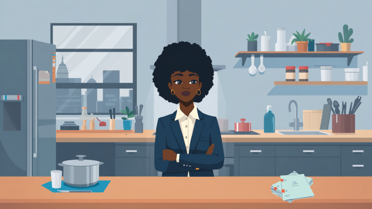 Illustration of a business owner standing in an organized kitchen, representing structured business systems