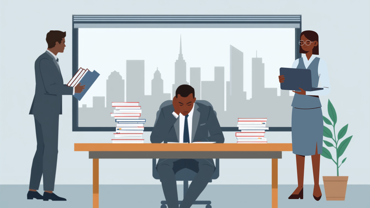 Illustration of an overwhelmed business owner buried in paperwork while a colleague hands over more files